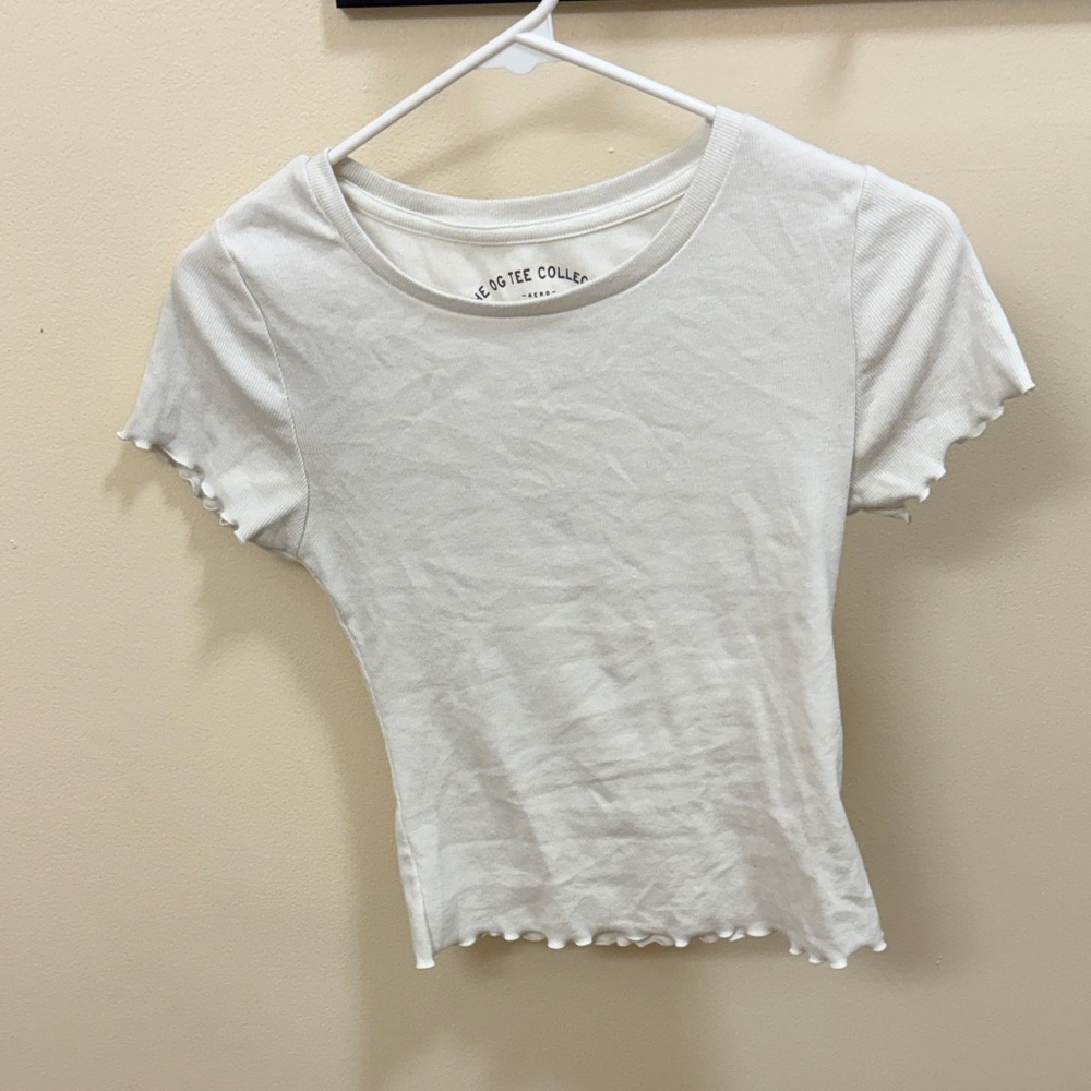 Aeropostale Whited Ribbed Short Sleeve Ruffle Tee